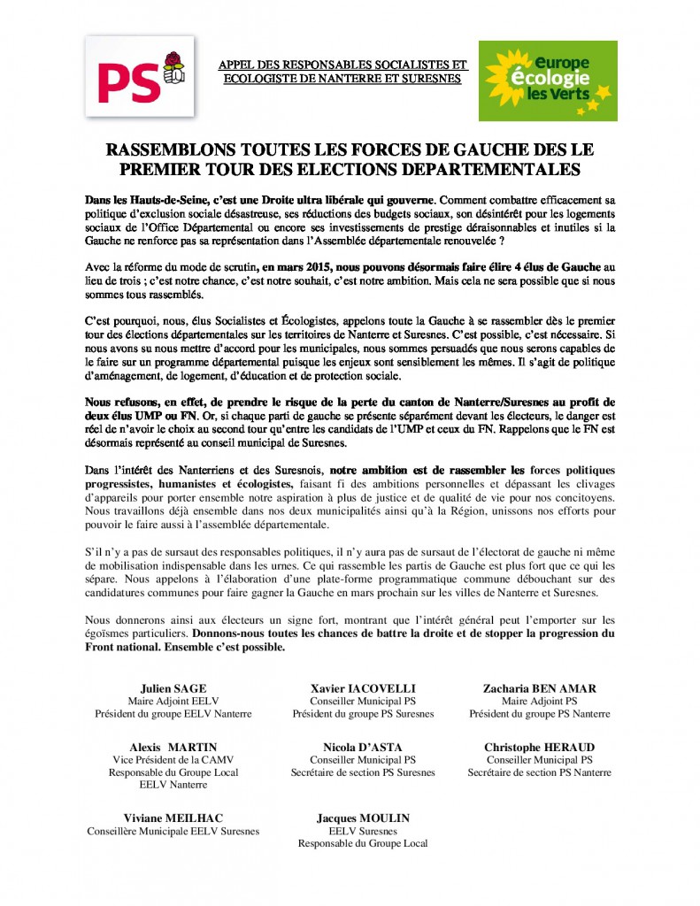 RASSEMBLONS TOUTES LES FORCES DE GAUCHE DES LE PREMIER TOUR DES ELECTIONS DEPARTEMENTALES